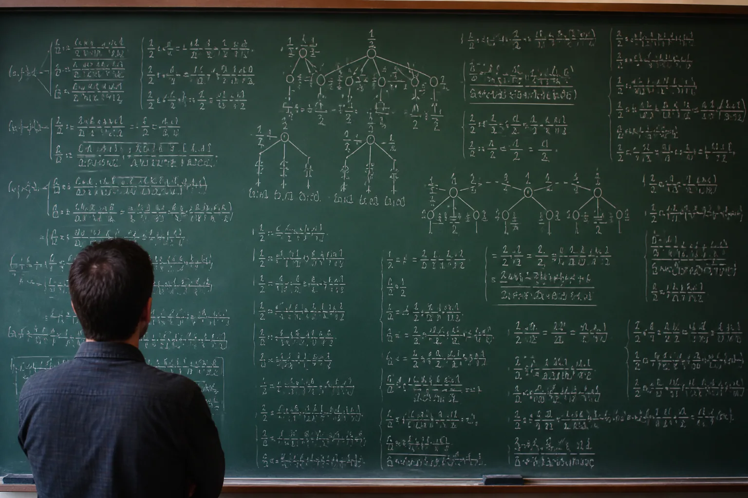 A designer studying probability formulas and tree diagrams in white chalk on a green board